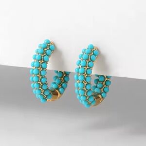 Yellow Gold Plated Turquoise Blue Bead Embellished Small Hoop Earrings!